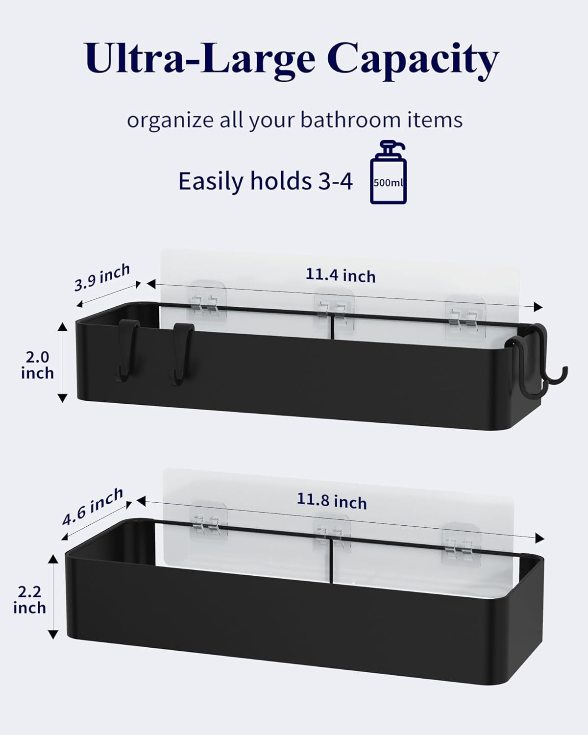 Large Shower Caddy - 2 Pack Adhesive Shower Organizer, Rustproof Stainless Steel Shelves, No-Drill Bathroom Organizers and Storage, Black