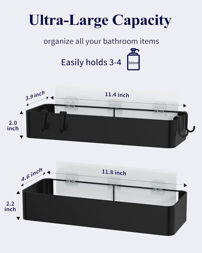 Large Shower Caddy - 2 Pack Adhesive Shower Organizer, Rustproof Stainless Steel Shelves, No-Drill Bathroom Organizers and Storage, Black