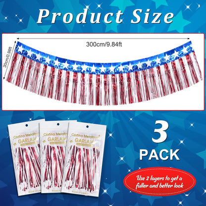 3Pack 30Ft 4Th of July Decorations Banner USA Stars Foil Fringe Garland Tinsel Streamers Red White and Blue Flag for Independent Memorial Veterans Day Patriotic Party Indoor Outdoor Decorations