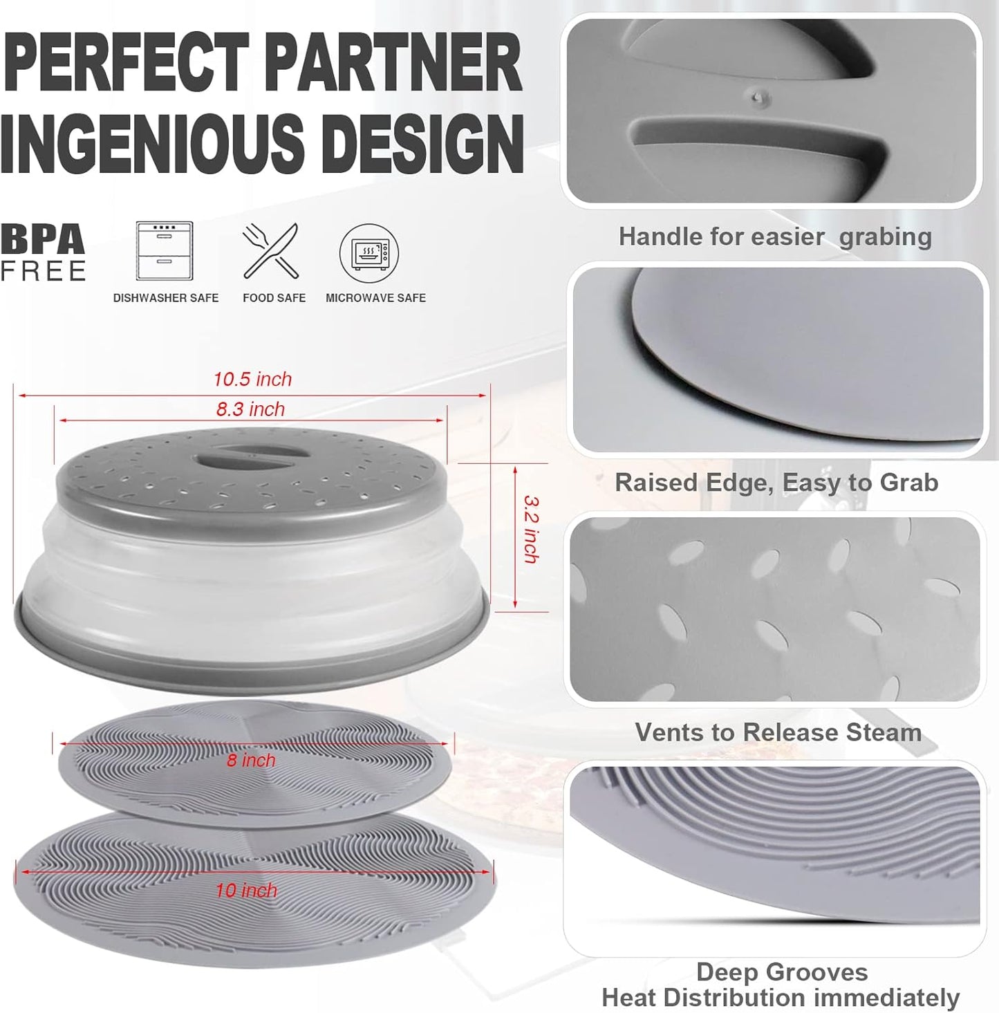 3 in 1,  Microwave Mat & Food Cover- 10" Mat as Bowl Holder, 8" as Bowl Cover, Collapsible Lid for Plates Dishes Splatter Guard, Multi-Purpose Silicone Mat & Kitchen Colander for Meal Prep,Grey