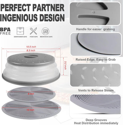 3 in 1,  Microwave Mat & Food Cover- 10" Mat as Bowl Holder, 8" as Bowl Cover, Collapsible Lid for Plates Dishes Splatter Guard, Multi-Purpose Silicone Mat & Kitchen Colander for Meal Prep,Grey