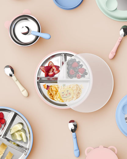 Stainless Steel Toddler Suction Plate with Lid, Deeper 9" Divided Plates with Removable Silicone Sleeves for Kids, Non Toxic & BPA Free | Unbreakable Baby Snack Dishes Set of 2,Pink & Beige