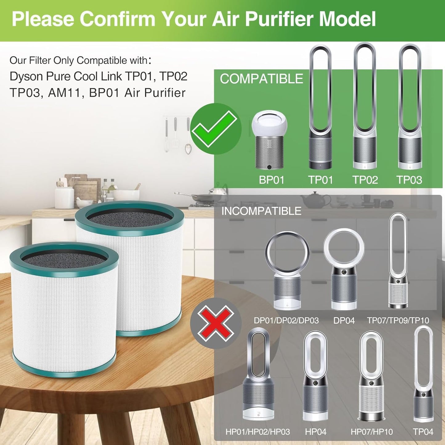 TP01 HEPA Filter Replacement Compatible with Dyson Tower Purifier Pure Cool Link TP01, TP02, TP03, AM11, BP01 Models, Replace Part 968126-03 (2 Pack)