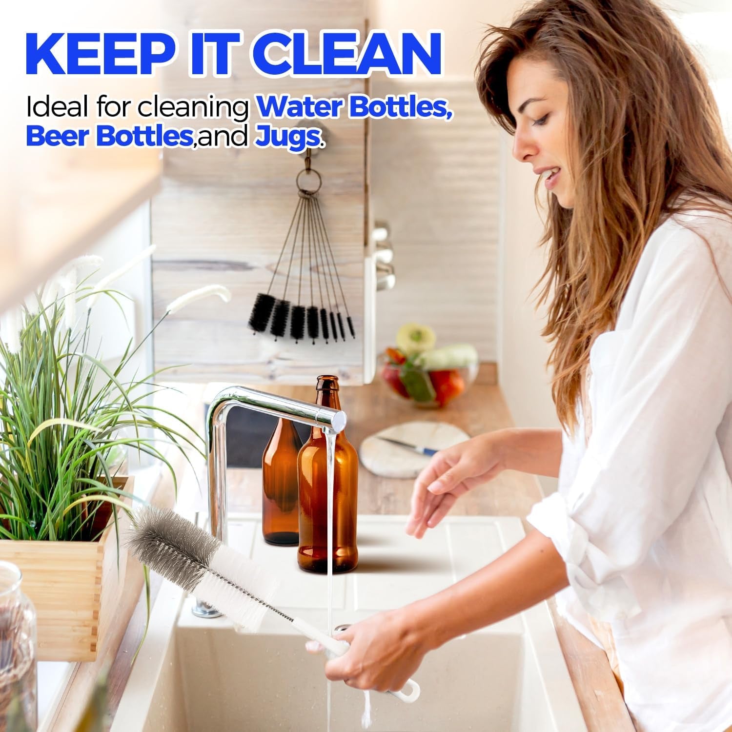 10 Pack Bottle Brush Cleaner Set, 15" Long Handle Bottle Cleaner Brush, Flexible Long Handle Water Bottle Brush for Narrow Neck Beer Wine, 8 Straws, Abrasive Spiral Brushes, White Grey