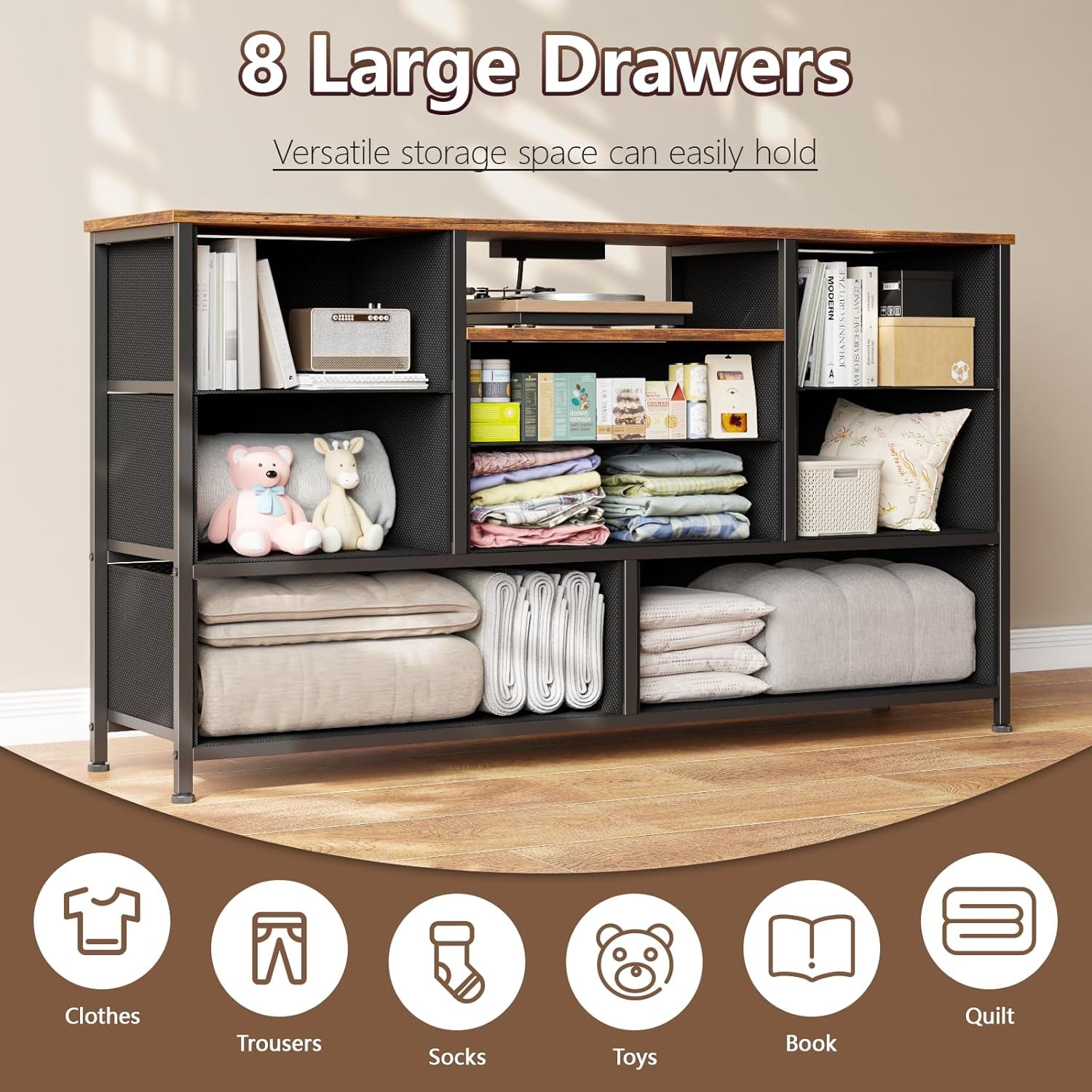 Rustic Brown Bedroom Dresser and TV Stand with 8 Drawers, Power Outlets, and Wood Desk Top - Versatile Storage Solution for Closet and Living Room