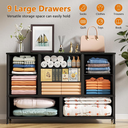 Bedroom Dresser with Nine Spacious Drawers - 55-Inch Long Chest TV Stand and Entertainment Center, Wood Shelf Storage Solution for Living Room, Dorm, Closet, and Entryway, Featuring a Sturdy Metal Frame in Black Oak