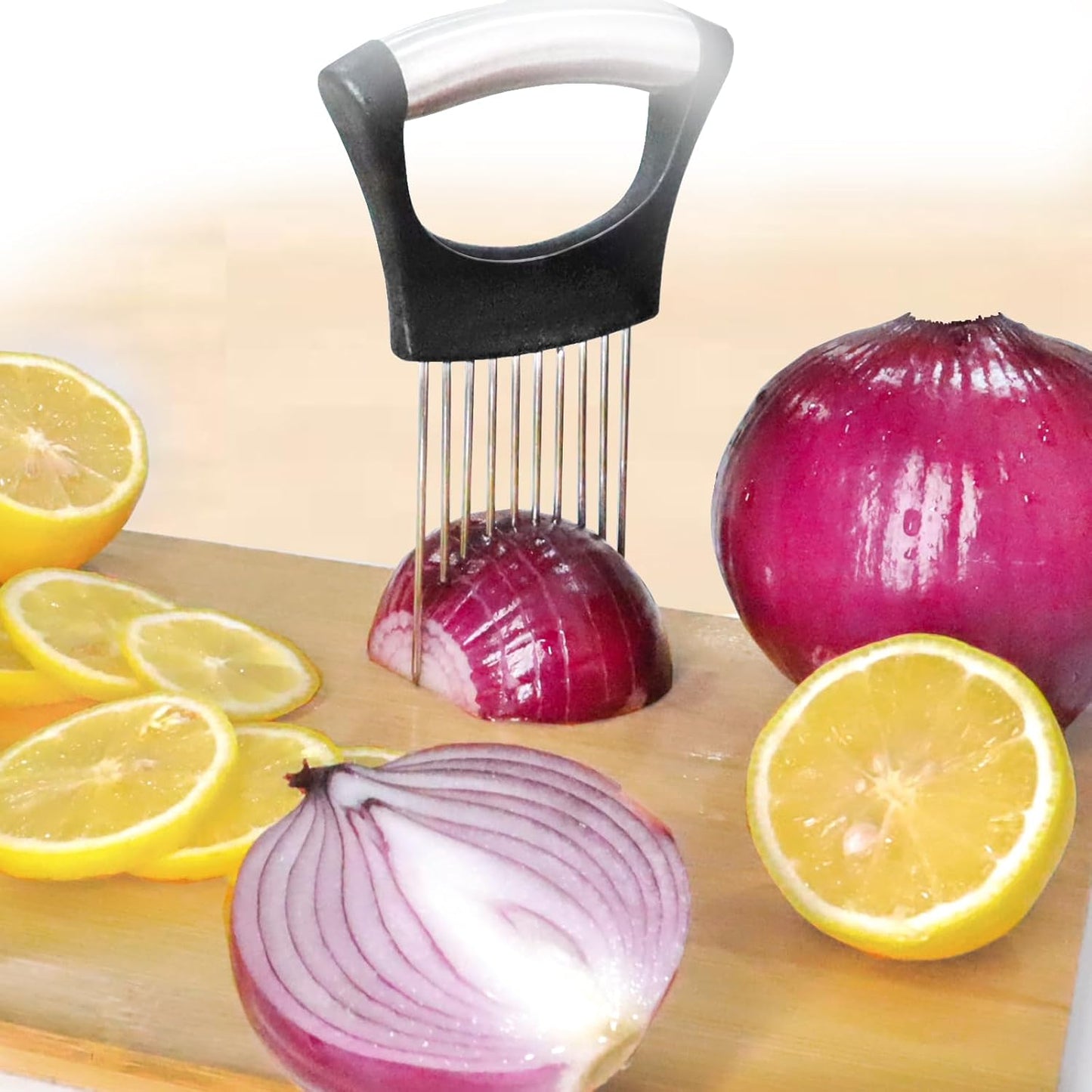 Onion Holder for Slicing, Onion Cutter Vegetable Chopper, Stainless Steel Tomato Slicer Vegetable Cutter for Potato, Avocados, Eggs, Food Slicer Assistant Tool for Fruit Lemon and Meat