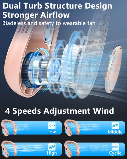 Neck AC Air Conditioner,Personal Cooling Neck Fan,Headphone Neck Fans That Blow Cold Air,Small Tiny Cooler Fan around Your Neck,Cordless Noiseless Long Life Breeze Unit for Travel,Outdoor,Sports Pink