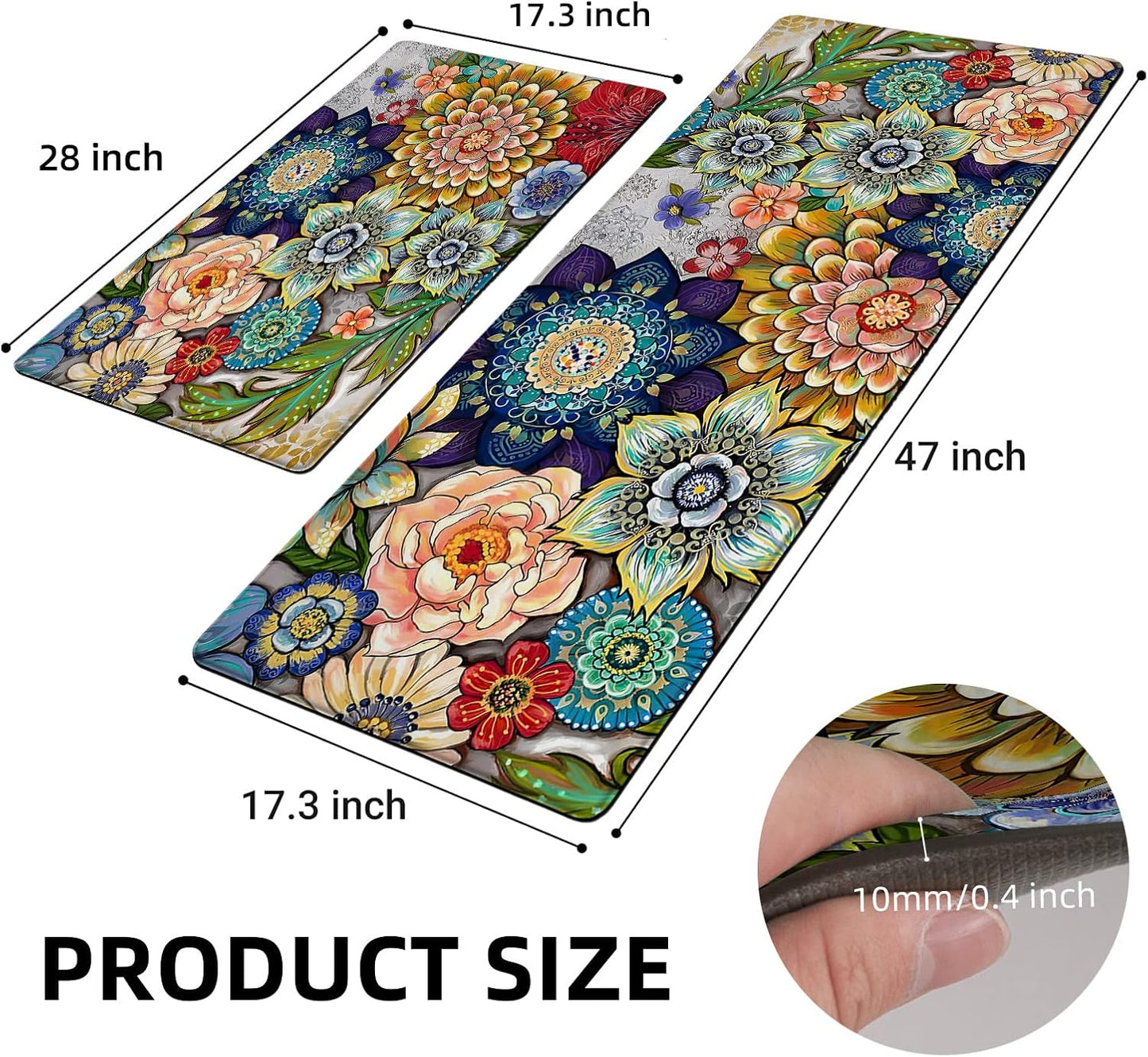 Boho Floral Kitchen Rugs Mats for Floor 2 Piece Memory Foam Padded Kitchen Mats anti Fatigue Non Slip Cushioned Comfort Standing Mat, 17.3X28+17.3X47 Inch