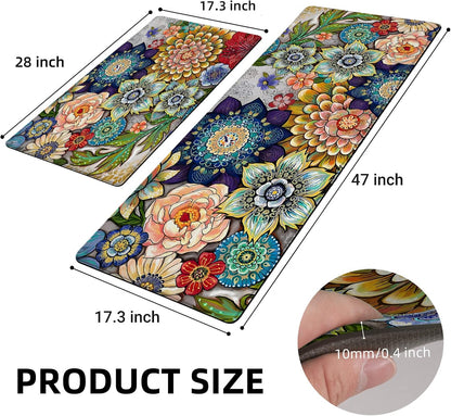 Boho Floral Kitchen Rugs Mats for Floor 2 Piece Memory Foam Padded Kitchen Mats anti Fatigue Non Slip Cushioned Comfort Standing Mat, 17.3X28+17.3X47 Inch