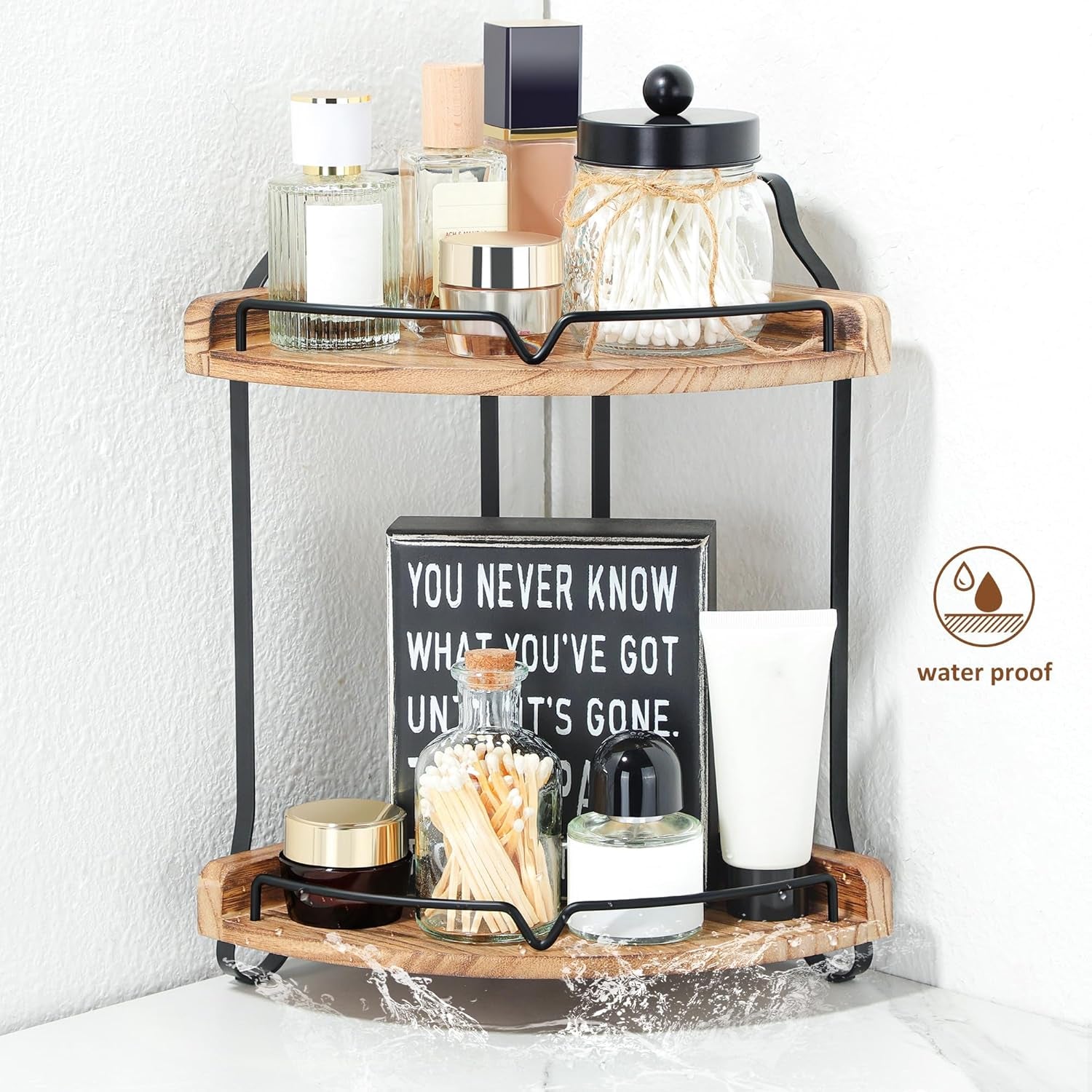 Two-Tier Wooden Corner Bathroom Countertop Organizer for Makeup and Skincare Storage