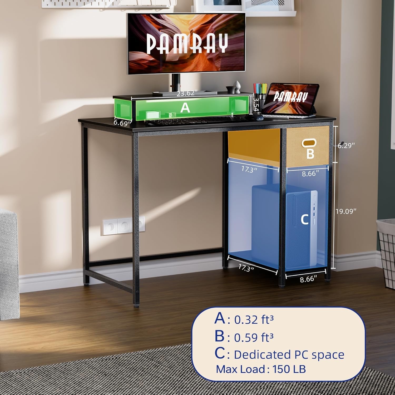 39 Inch Computer Desk with Monitor Stand Small Home Office Desks with Non-Woven Storage Drawer for Bedroom Study Table Writing and Work Desk Espresso Gray,Gray Leg