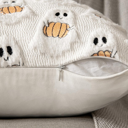 Halloween Pillow Covers Decorative Fall Cute Ghost Plush Faux Fur Pillows 18X18 Inch Set of 2 Soft Pumpkin Accents for Sofa Couch Bed Living Room Festive Home Decor, White Orange