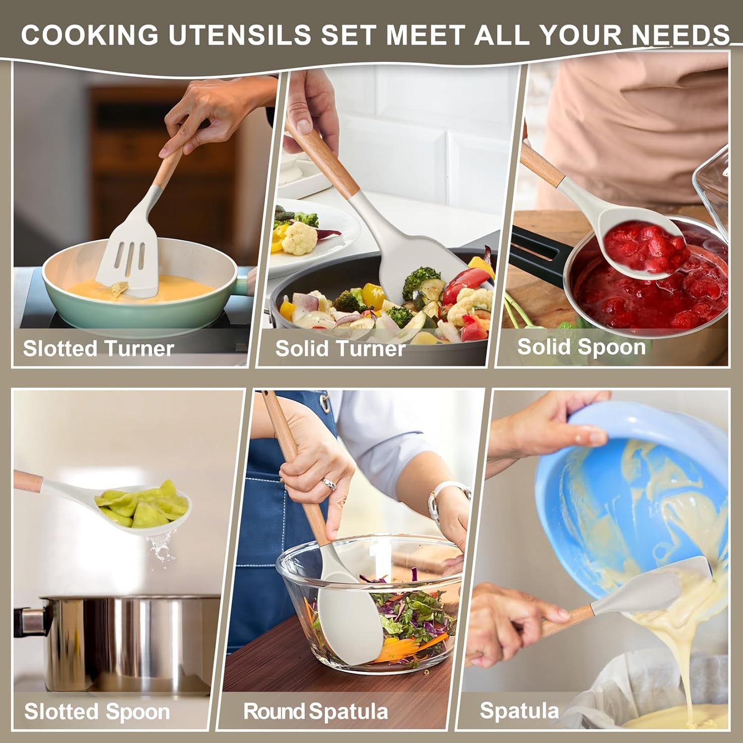 Silicone Cooking Utensils Set, 12PCS Kitchen Utensils Set with Wooden Handle for Nonstick Cookware, Ladle, Spoon, Spatula, Tong, Heat-Resistant & Non-Scratch, Non Smell & Healthy, Khaki