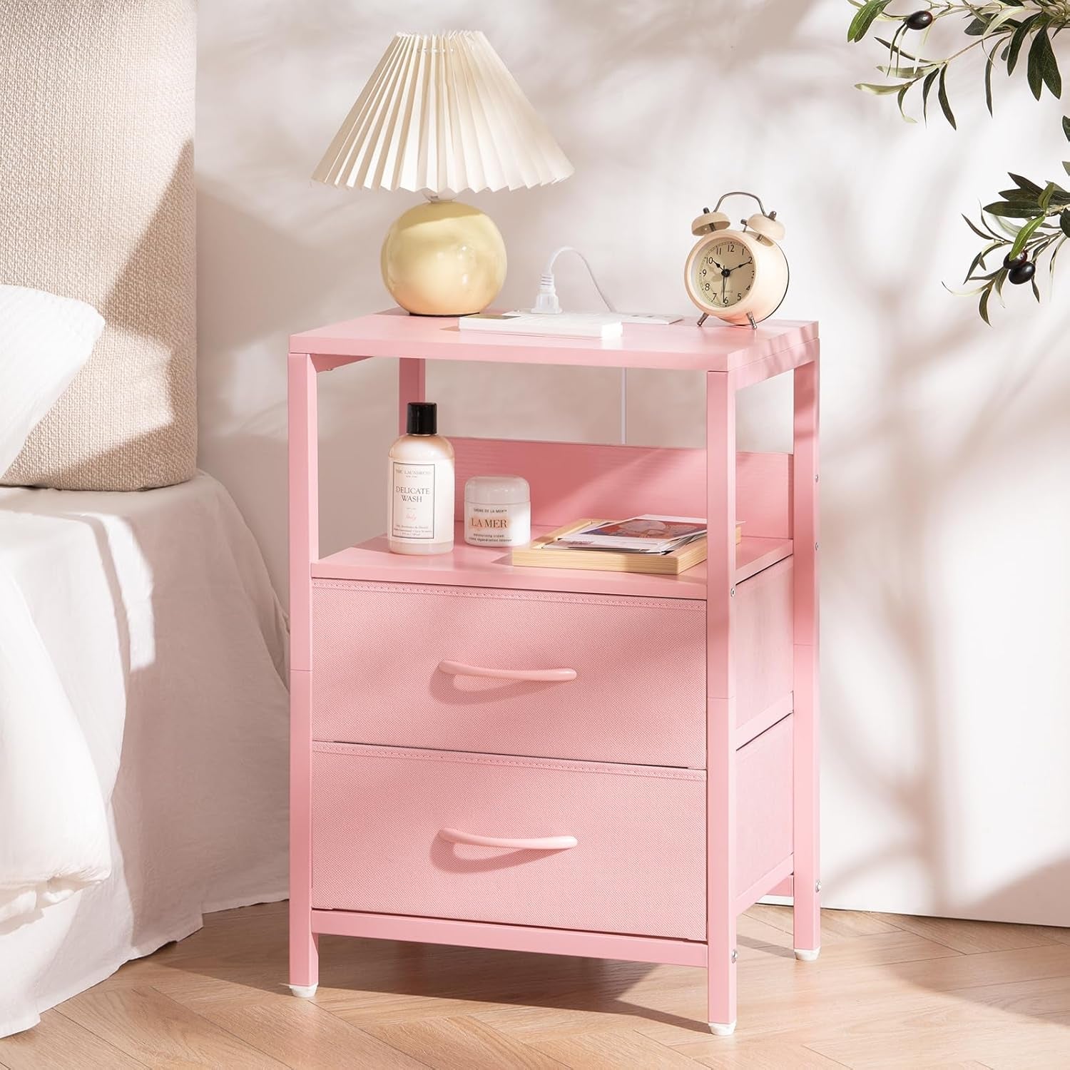 Nightstand with Charging Station, Small Night Stand with Fabric Drawers and Storage Shelf for Bedrooms, Nightstands for Small Spaces, Bedside Table with USB Ports & Outlets Bed Side Table