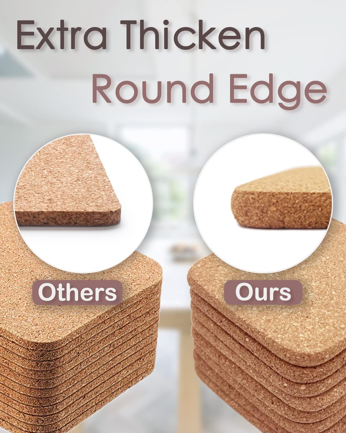 Cork Coasters for Drinks, 8 Pcs Square Extra Thick Absorbent Cork Coaster Sets, round Edge Drink Coaster, Cup Coasters for Kinds of Cups, Housewarming Gifts, Home Decor, 4 X 4 Inches