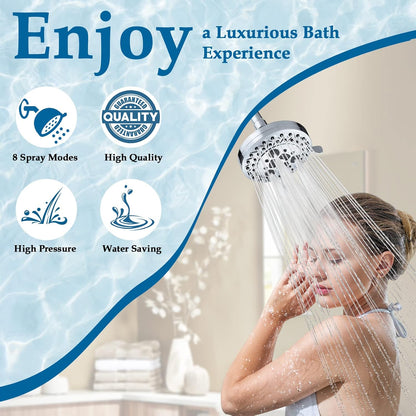 8 Spray Modes Shower Head, 5 Inch High Pressure Shower Heads with 62 Anti-Clogging Nozzles and Adjustable Brass Ball Joint, Chrome Finish, Replacement for Bathroom Showerhead