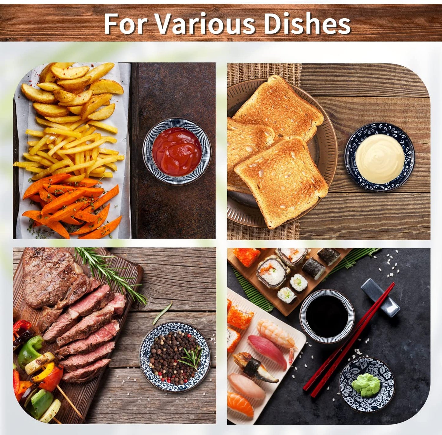 Dipping Bowls, Soy Sauce Dish Ceramic, 3 OZ Small Serving Bowls for Side Dishes Vintage Blue Stylish Design, Set of 6 Mini Appetizer Plates for Condiment Sushi Ketchup BBQ Party, 4 Inch