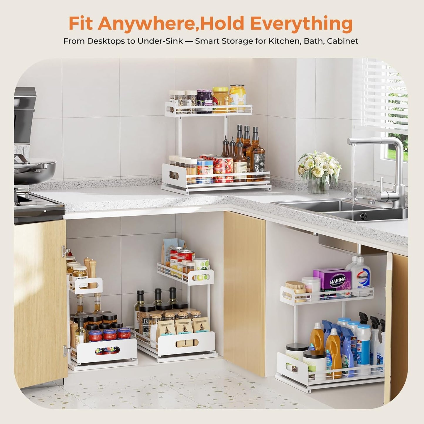 2 Pack Metal under Sink Organizers and Storage, 2 Tier Pull Out under Cabinet Organizer for Kitchen Bathroom, Adjustable under Sink Shelf for under Counter Storage Organizer, White