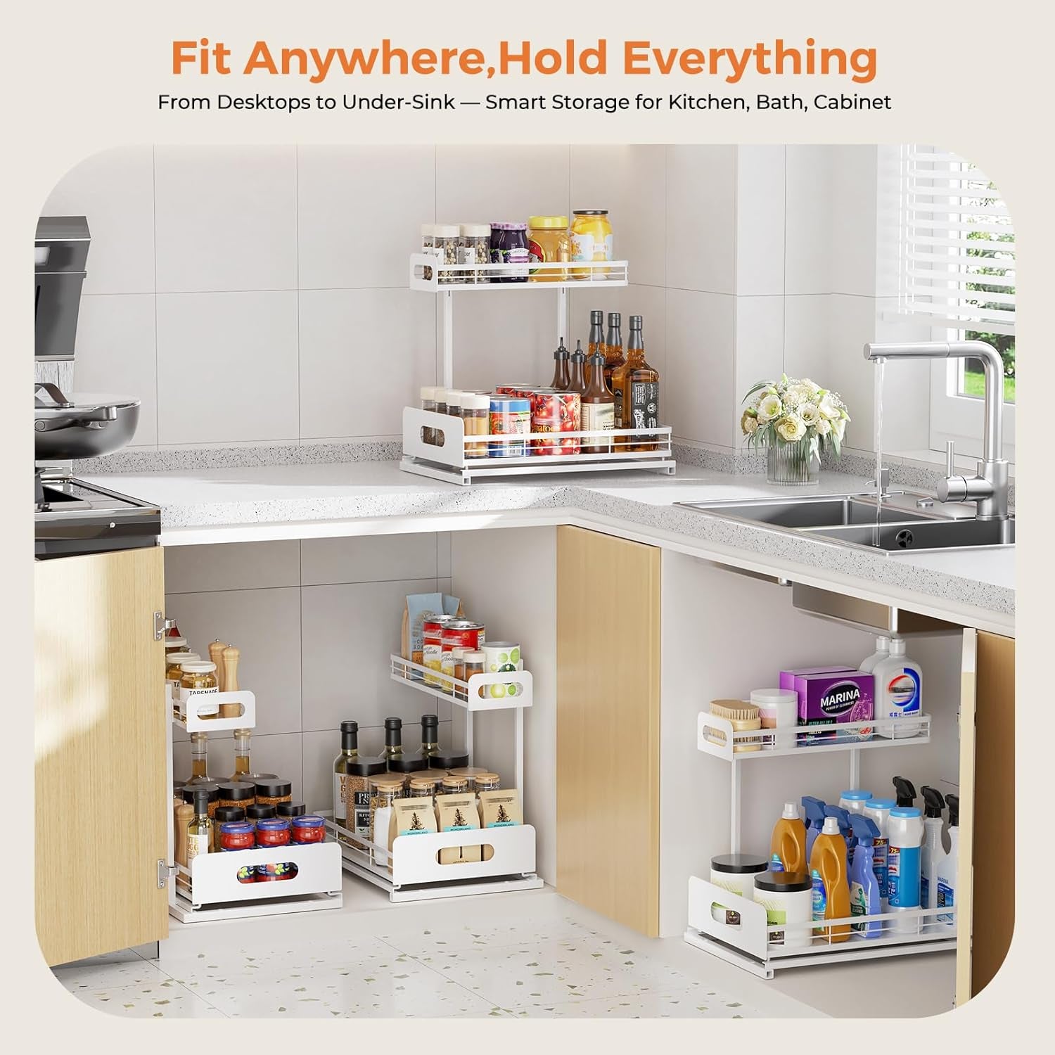 2 Pack Metal under Sink Organizers and Storage, 2 Tier Pull Out under Cabinet Organizer for Kitchen Bathroom, Adjustable under Sink Shelf for under Counter Storage Organizer, White