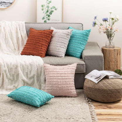 Set of 2 Fall Decorative Boho Throw Pillow Covers Linen Striped Jacquard Pattern Cushion Covers for Sofa Couch Living Room Bedroom 18X18 Inch Rust