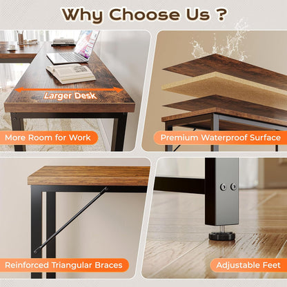 63-Inch L-Shaped Desk with Integrated Power Outlets and USB-C Port, Enhanced 0.95-Inch Desktop Thickness, Reversible Design, Spacious Corner Gaming and Office Desk, Sturdy Metal Frame, Rustic Brown Finish for Home Office and Study