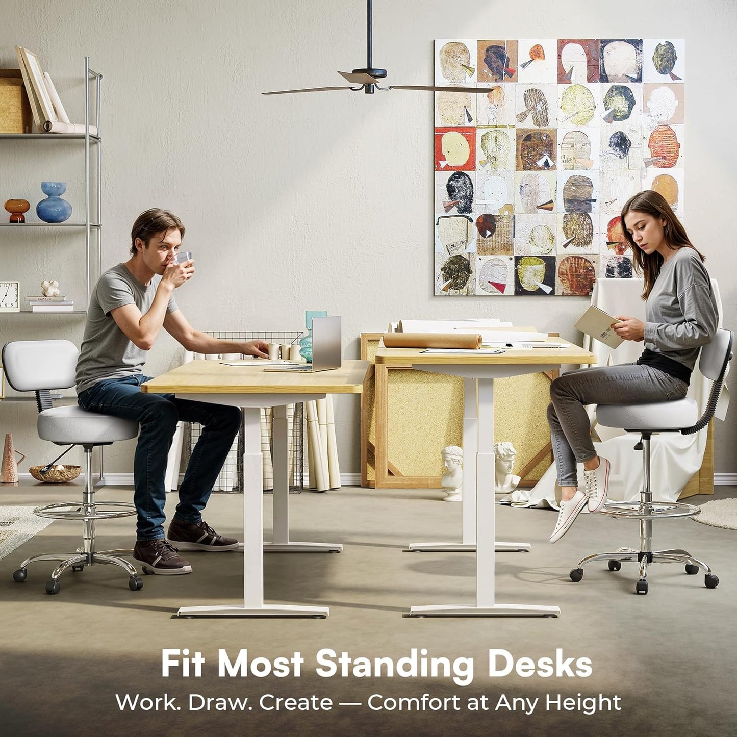 Adjustable Drafting Chair with Back Support and Foot Rest, Versatile Rolling Stool for Office, Home Bar, Kitchen, and Shop - White