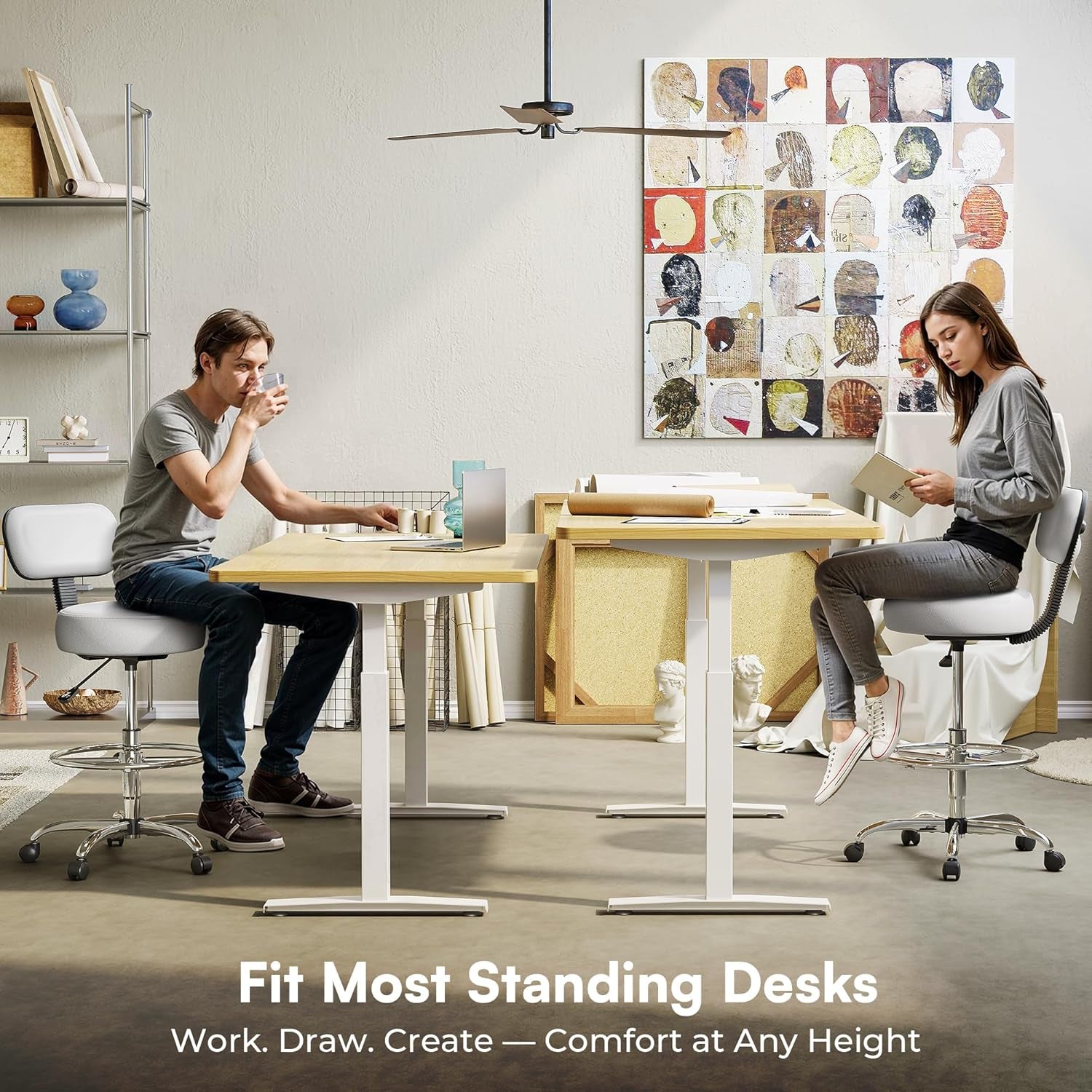 Adjustable Drafting Chair with Back Support and Foot Rest, Versatile Rolling Stool for Office, Home Bar, Kitchen, and Shop - White