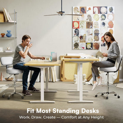 Adjustable Drafting Chair with Back Support and Foot Rest, Versatile Rolling Stool for Office, Home Bar, Kitchen, and Shop - White