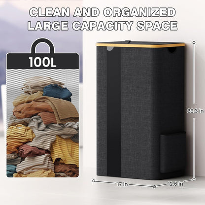 100L Laundry Basket with Lid, Removable Hamper and Handles, Breathable Design for Bedroom, Bathroom, Dorm, and Laundry Room - Dark Grey
