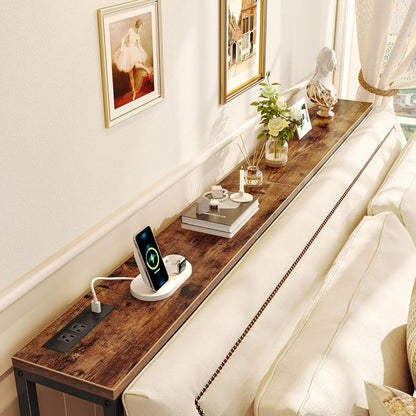 70-Inch Rustic Brown Console Table with Built-in Charging Station, Ideal for Living Room and Entryway Spaces