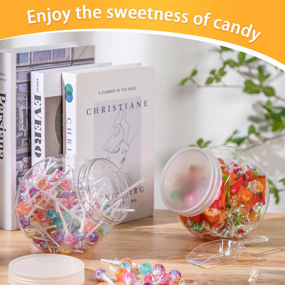 Clear Plastic Candy Jar Set with Lids and Mini Acrylic Scoops - 42 Oz Decorative Containers for Candy Buffets and Kitchen Counters (2 Sets)