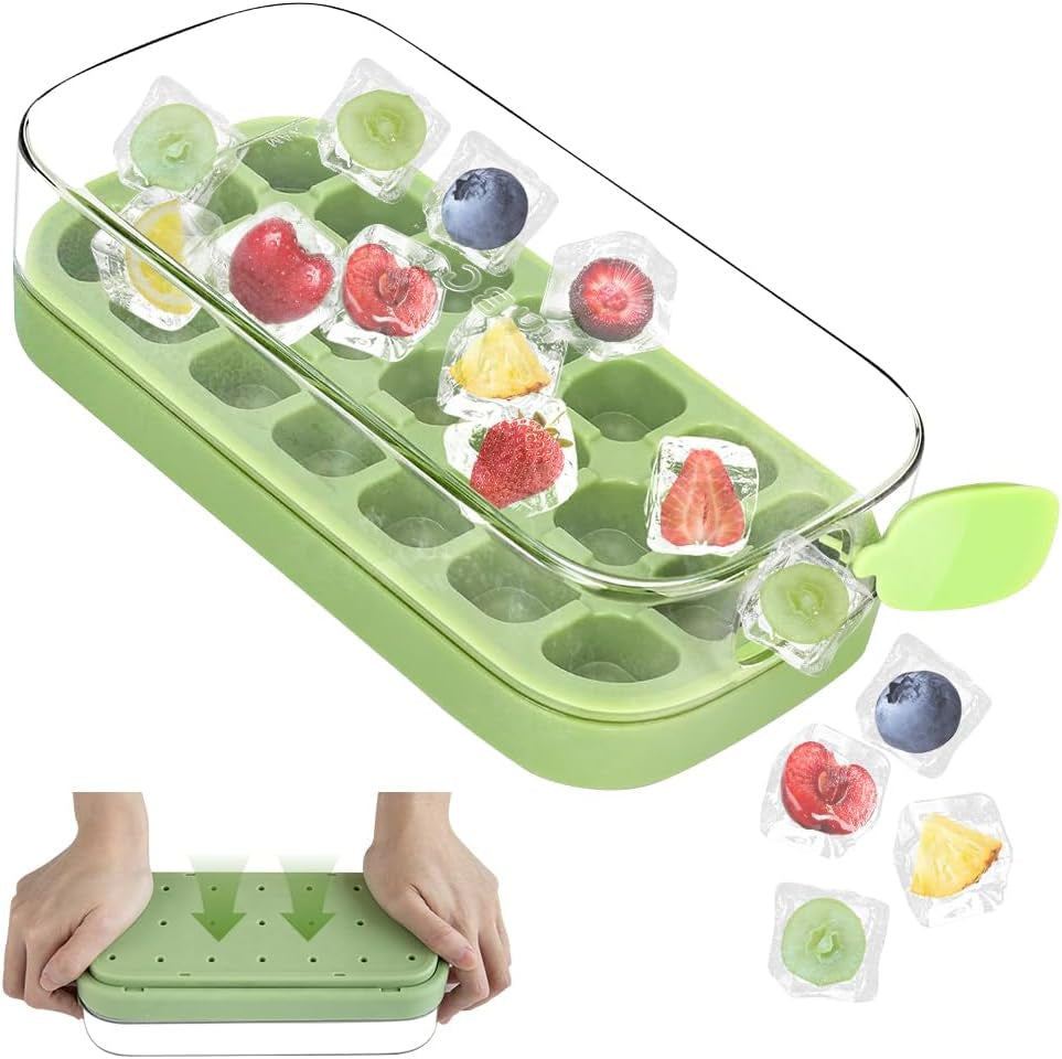Ice Cube Tray with Lid and Bin for Freezer - 21 Pcs Silicone Ice Cube Mold, No Touch Easy Release - BPA Free, Reusable, Stackable, Suitable for Cocktails Whiskey Coffee and More (Green-21 Pcs)