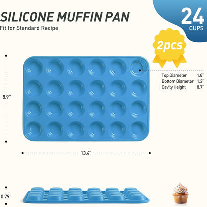 2 Pack 24 Cups Mini Muffin Pan with Metal Reinforced Frame Silicone Molds Baking Pans Molde Silicona Para Reposteria Tart Pans for Baking Mini Moldes Para Pasteles Molde Para Flan