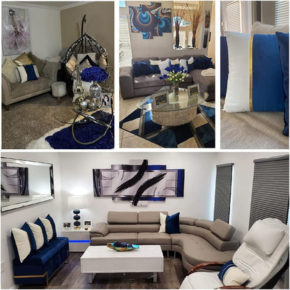 4 Packs Blue Decorative Throw Pillow Covers 16X16 Inch for Living Room Couch Bed, Royal Blue and White Velvet Patchwork with Gold Leather, Luxury Home Decor Square Cushion Case 40X40 Cm