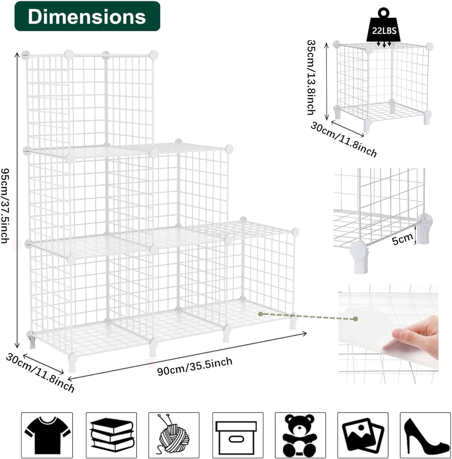 Wire Cube Storage Organizer, Closet Organizers and Storage, Metal 6 Cube Storage Shelves Bookshelf, Portable Closet Clothes Organizer for Bedroom, Home, Office, White