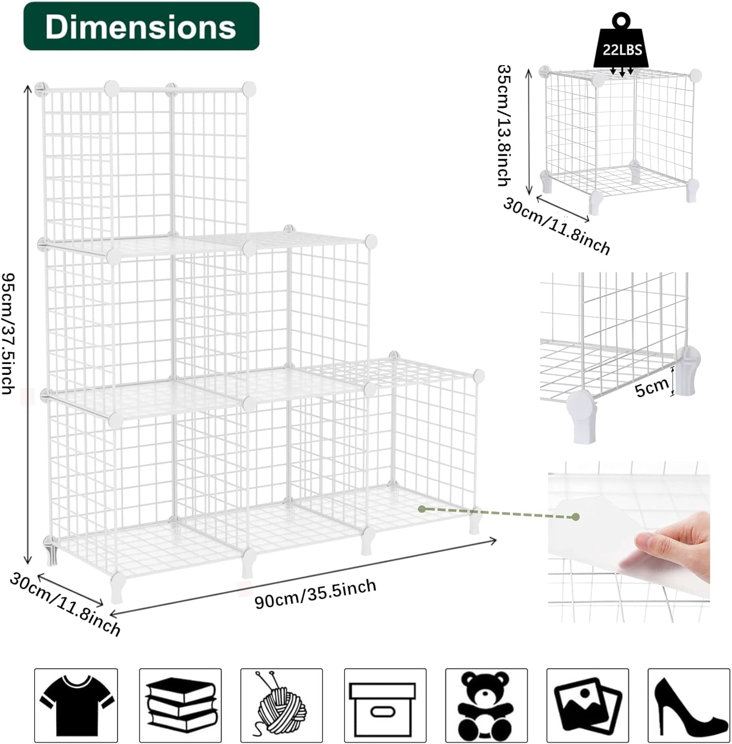 Wire Cube Storage Organizer, Closet Organizers and Storage, Metal 6 Cube Storage Shelves Bookshelf, Portable Closet Clothes Organizer for Bedroom, Home, Office, White