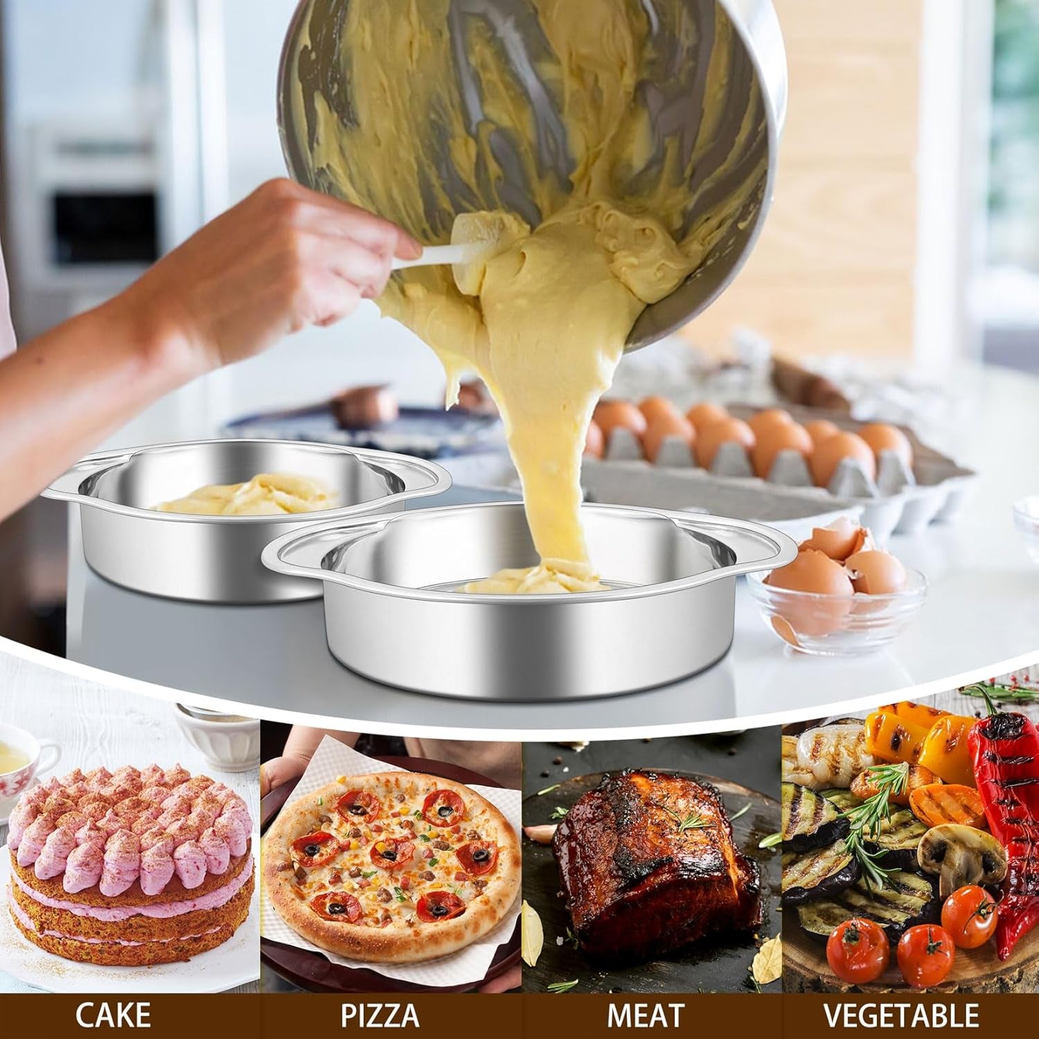 8 Inch Cake Pans Set for Baking, 3-Piece round Baking Pan with Handles, Stainless Steel Cake Tin for Birthday, One-Piece Design & Wider Handle, Dishwasher Safe & Heavy Duty, Silver