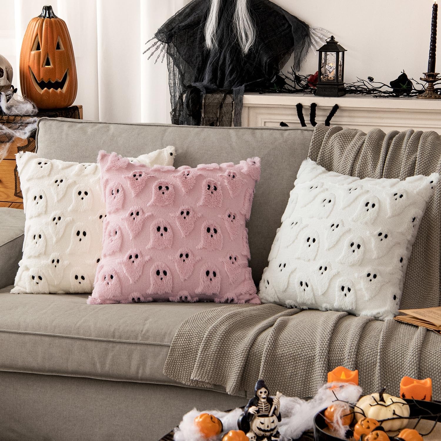Halloween Decorative Pillow Covers - Set of 2 Soft Plush Faux Fur Ghost Design Cushions for Couch, Sofa, Bed, and Porch - 18x18 Inch Pink
