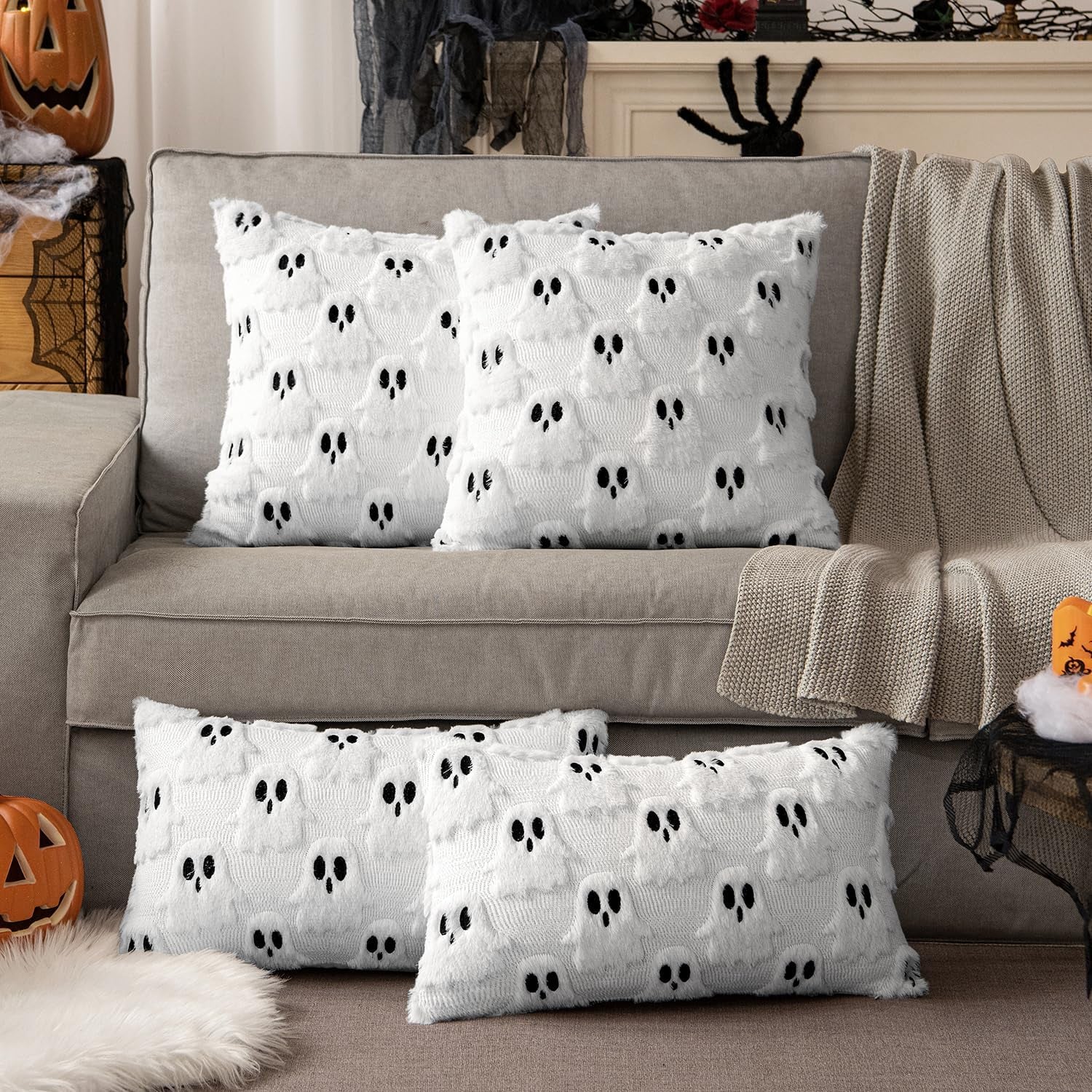 Halloween Pillow Covers Set of 2 White Ghost Decorative Soft Throw Pillows Plush Faux Fur Wool Couch Cushion Case for Fall Decor Chair Sofa Bedroom Living Room 18X18 Inch