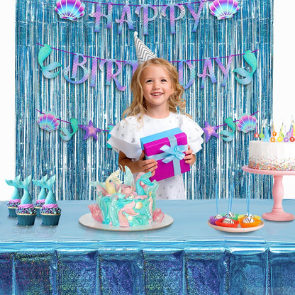 Blue Party Table Cover Decoration Tablecloth for Frozen/Winter Onederland/Under Sea/Ocean Theme Party Decorations Rectangle Tablecover with 54'' X 108'' - 2 Packs