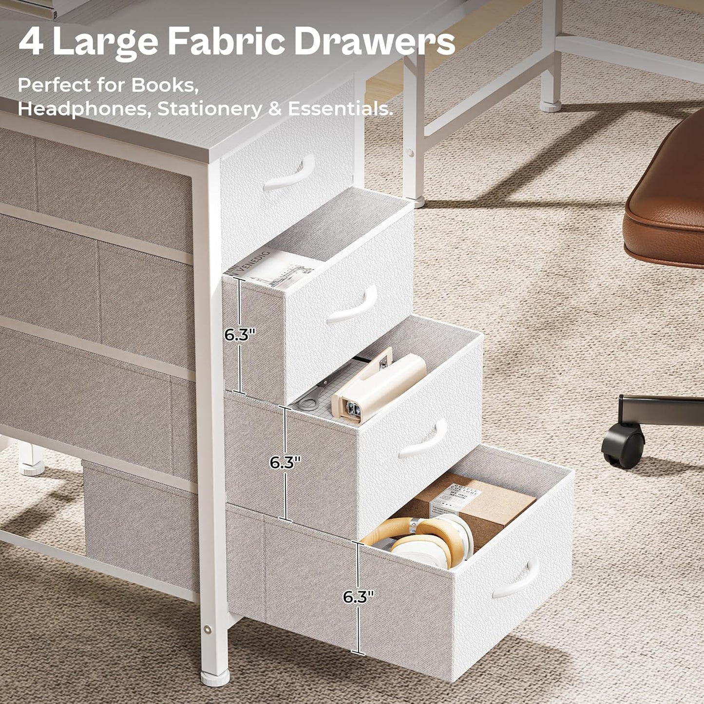 63-Inch L-Shaped Desk with Fabric Drawers, Reversible Computer Gaming Desk Featuring Power Outlets and USB-C Port, Adjustable Side Storage Shelves for Home Office and Study Corner, White