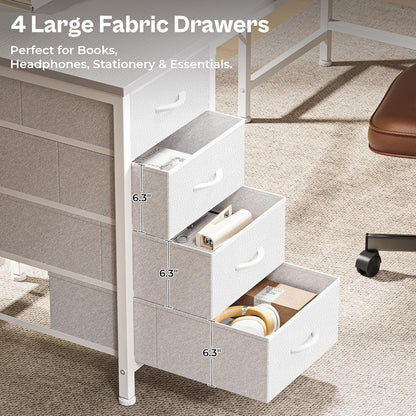 63-Inch L-Shaped Desk with Fabric Drawers, Reversible Computer Gaming Desk Featuring Power Outlets and USB-C Port, Adjustable Side Storage Shelves for Home Office and Study Corner, White