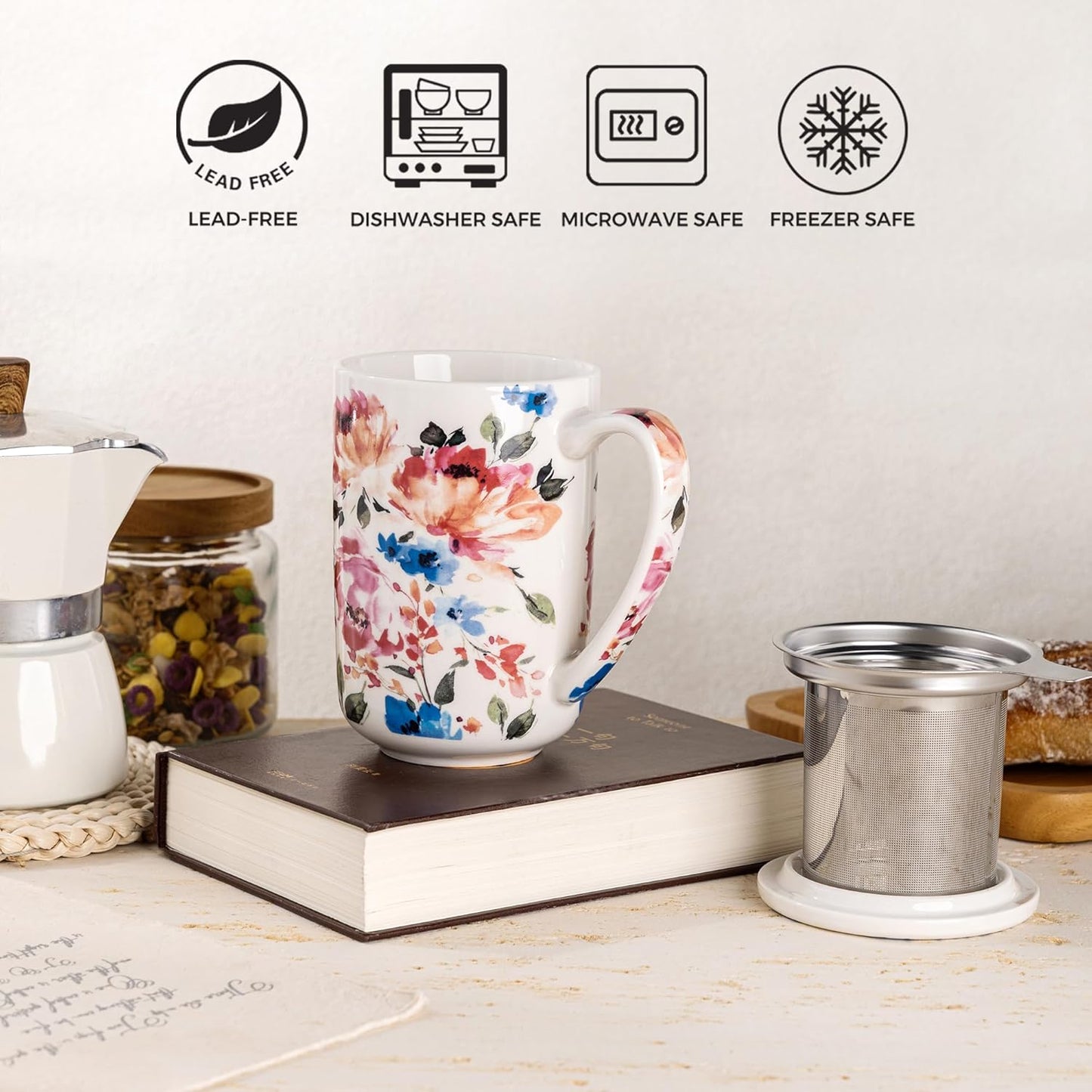 Ceramic Tea Mug with Infuser and Lid, 18 Ounce Capacity, Microwave and Dishwasher Safe, Ideal for Loose Leaf Tea Enthusiasts