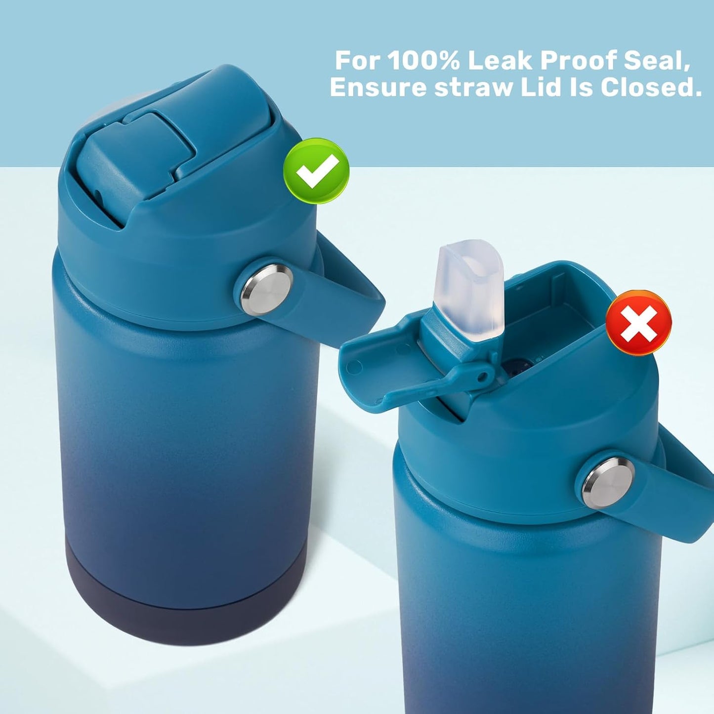 12 Oz Water Bottle, Kids Water Bottles for School, Toddler Water Bottle with Straw & Handle, 304 Stainless Steel Insulated Water Bottle, Non-Slip Silicone Base, BPA Free, Gradient Blue