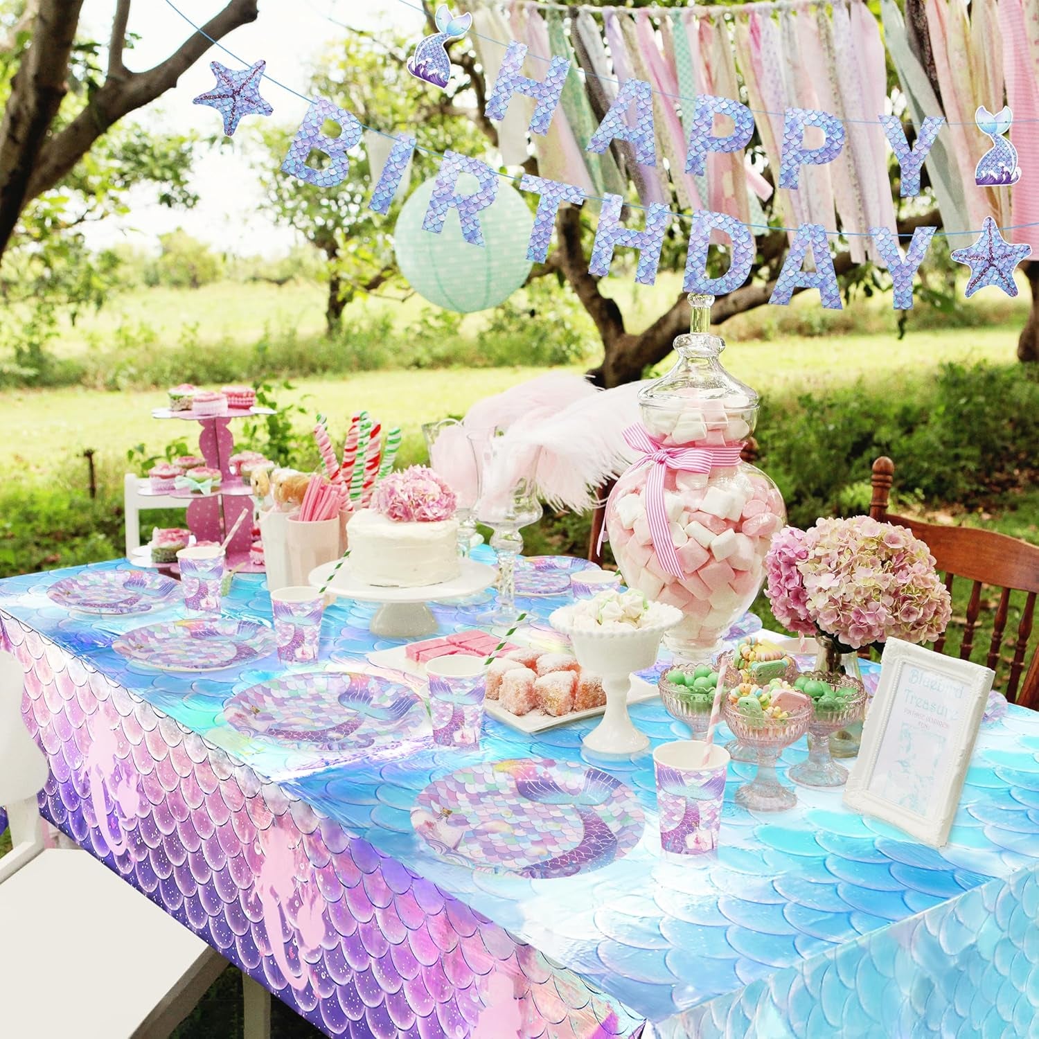 Mermaid Party Decorations, Mermaid Theme Party Supplies for 24 Guests, Disposable Mermaid Party Decorations Tableware Set, Plates, Napkins, Cups, Tablecloth with Banner