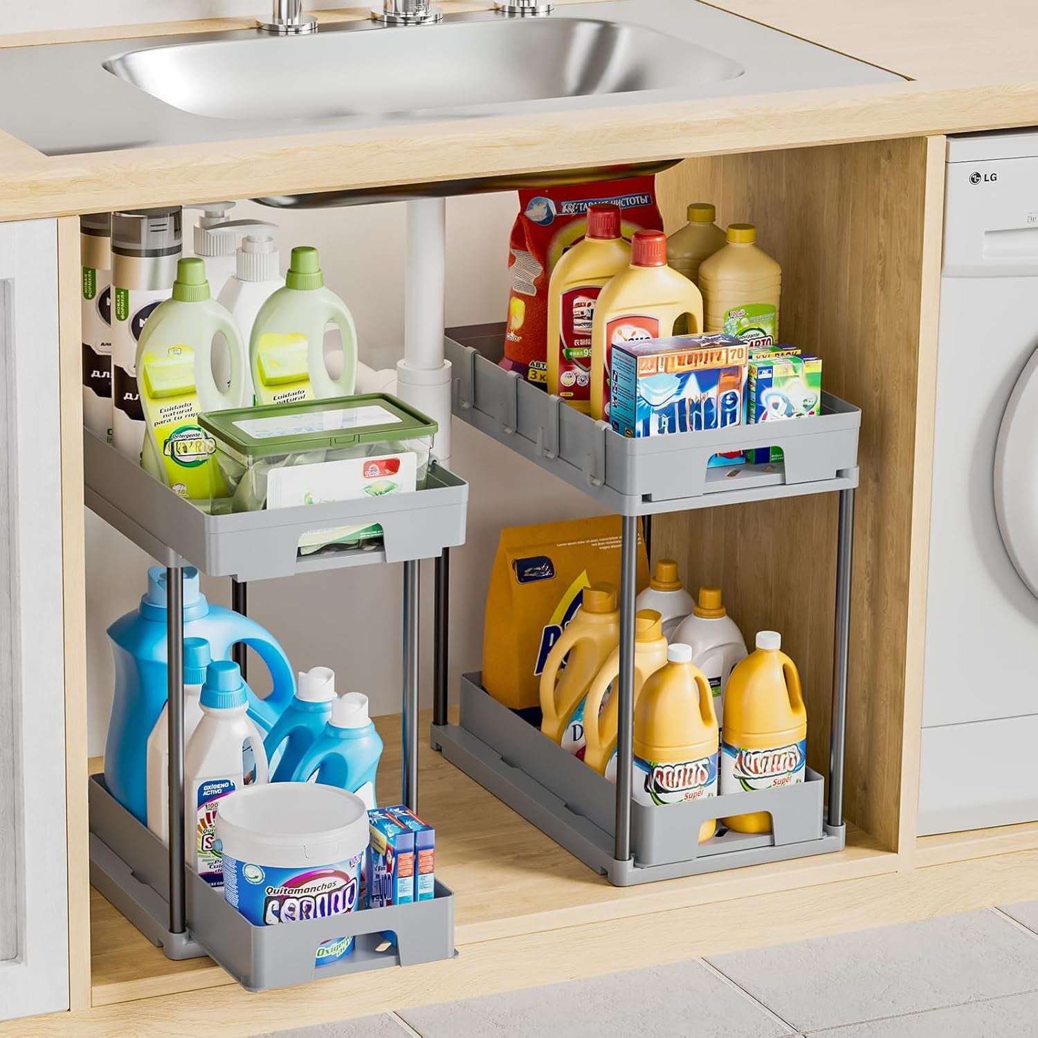 under Sink Organizers and Storage, 2 Pack Pull Out Kitchen Bathroom Cabinet Organizer, 2 Tier Grey under Sink Storage for Bathroom Kitchen