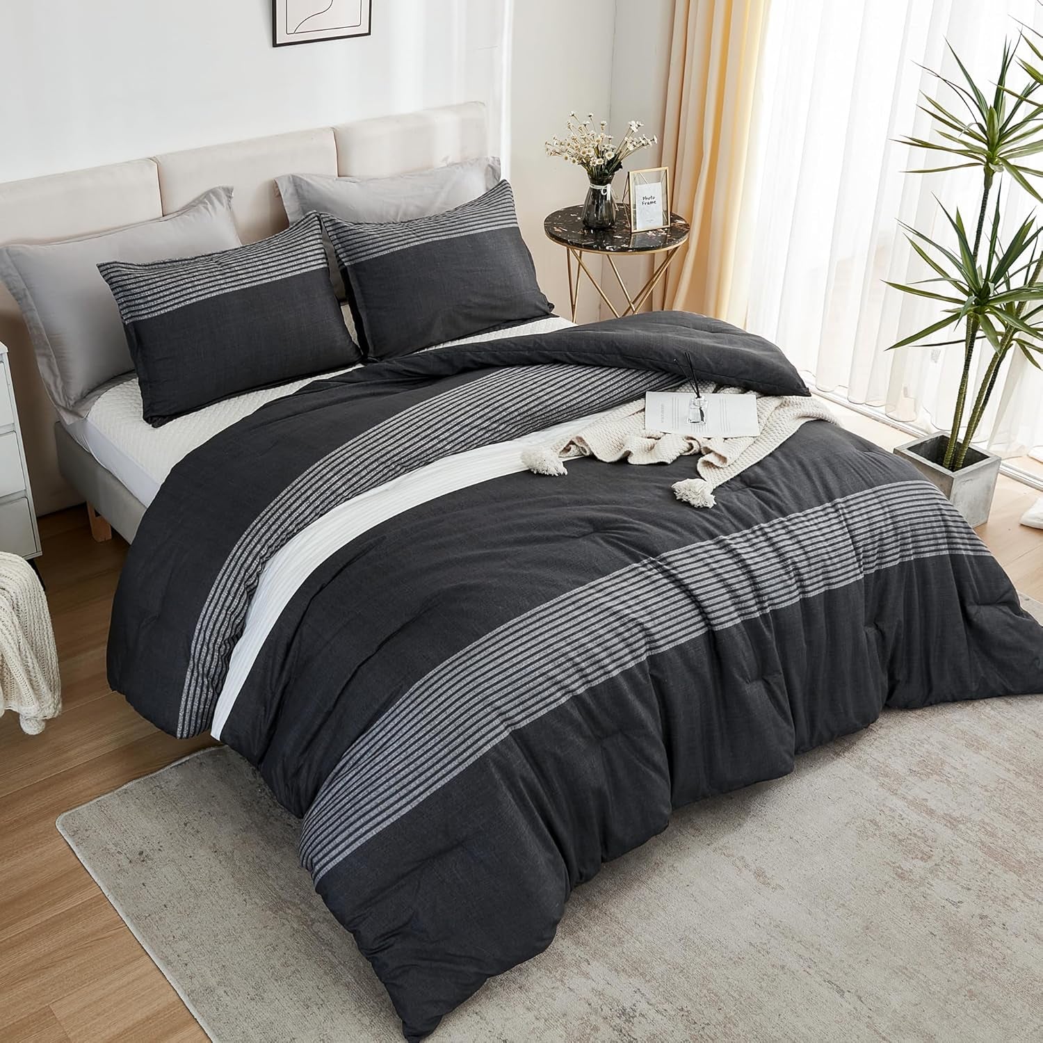 Full Size Comforter Sets Black White Grey - 3 Pieces Lightweight Bedding Set, All Season down Alternative Comforter (1 Comforter, 2 Pillowcases)