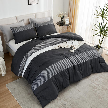 Full Size Comforter Sets Black White Grey - 3 Pieces Lightweight Bedding Set, All Season down Alternative Comforter (1 Comforter, 2 Pillowcases)