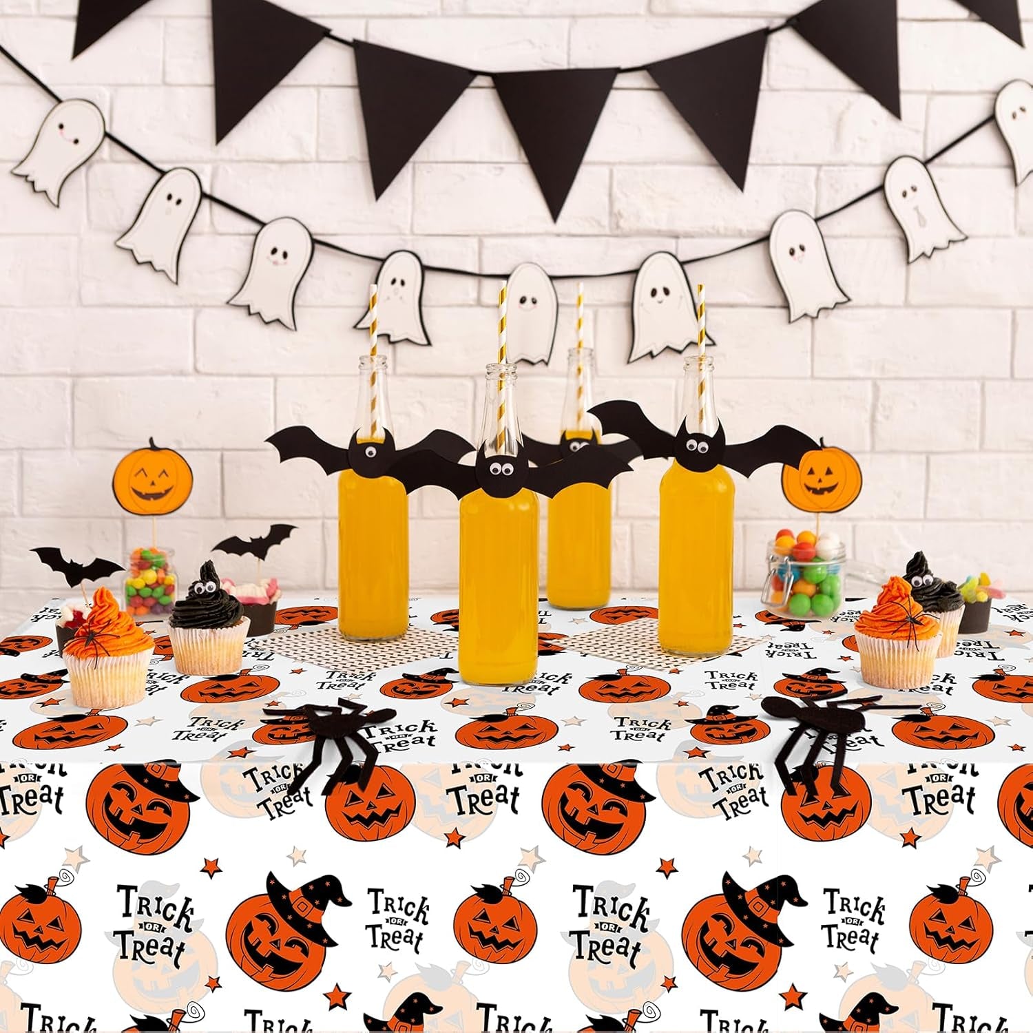 3 Pack Halloween Plastic Tablecloth Decorations, Trick or Treat Halloween Disposable Table Cloth, Hallo Ween Pumpkin Rectangle Table Cover for Kids Indoor Party Decorations, 54 X 108 Inch